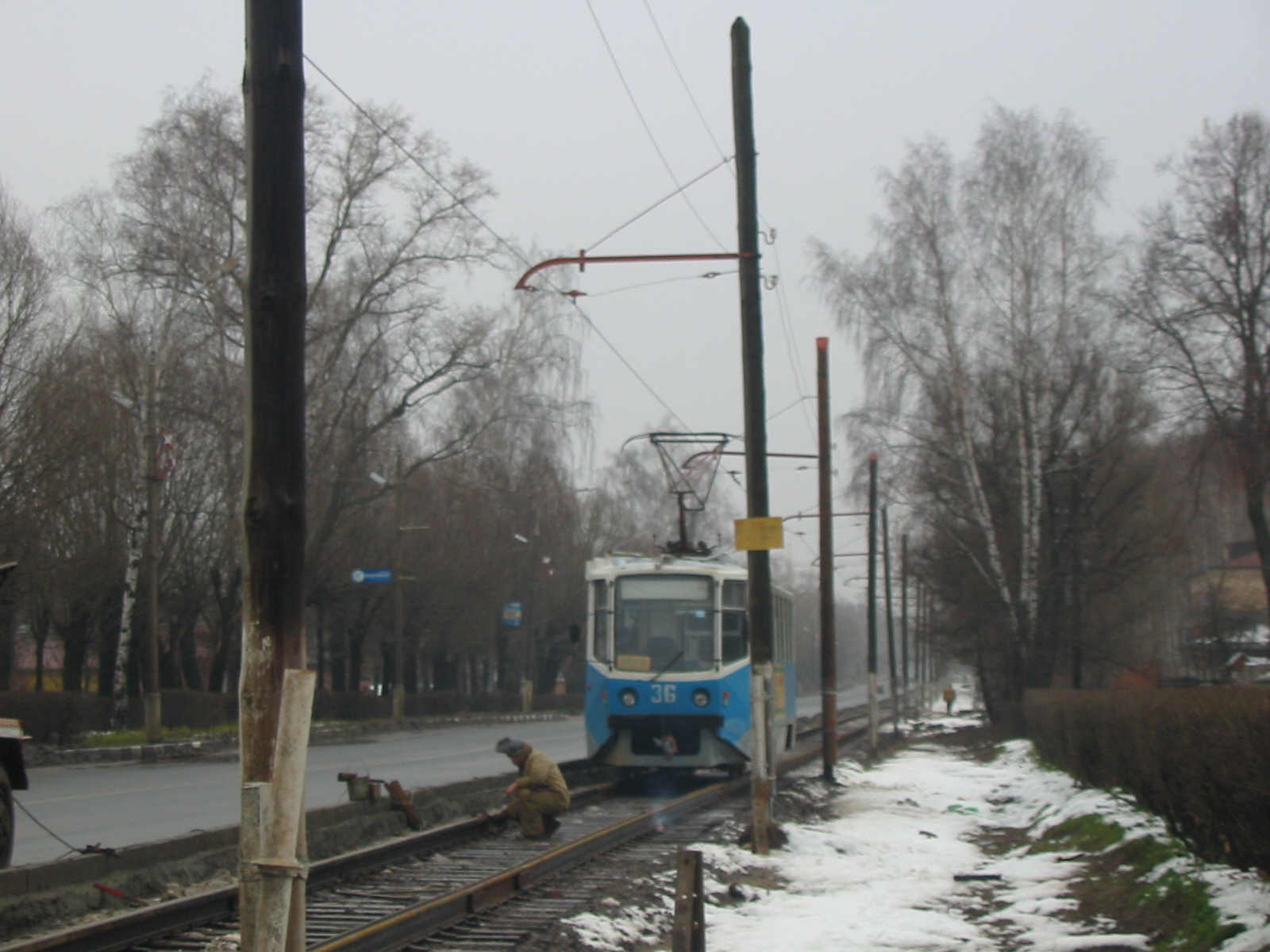 Трамвайный путь repair, test run of tram 36