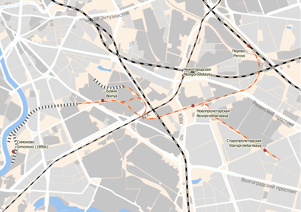 Карта Симоновской железнодорожной ветки с указанием станций